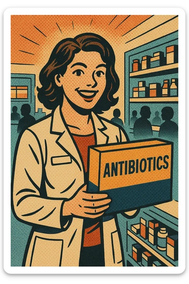 the full body of a A friendly modern day female pharmacist holding a large box of antibiotics in her hand. In the background are shelves of other medications in the pharmacy with patients waiting to be served sticker