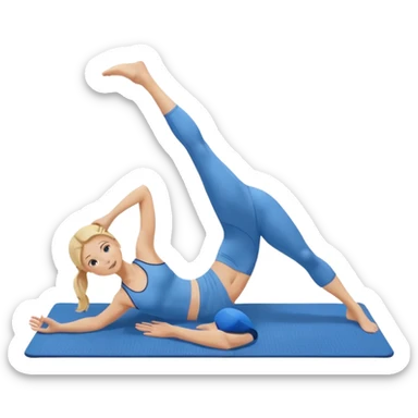 create a blonde women in blue doing pilates on a brown mat sticker