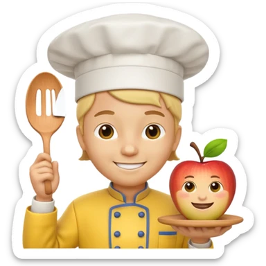 3D cartoon-style chef in the Apple emoji style, wearing a bright yellow chef uniform with hat sticker