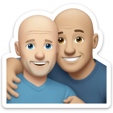bald white mature man no beard blue eyes and blue  tshirt Hugging large gray male smiling pit bull sticker