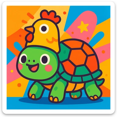 cute turtle with a chicken hat, cartoon style, colorful and playful sticker