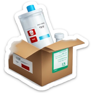 package box for an at home test blood kit including a vial and p sticker