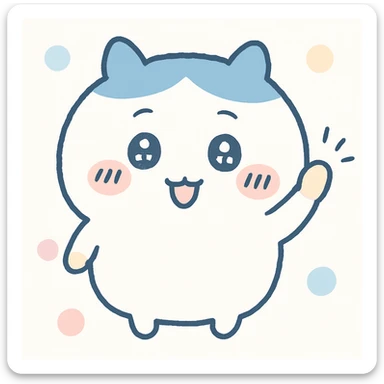 Chiikawa character, waving, sparkly eyes, soft and fluffy appearance sticker