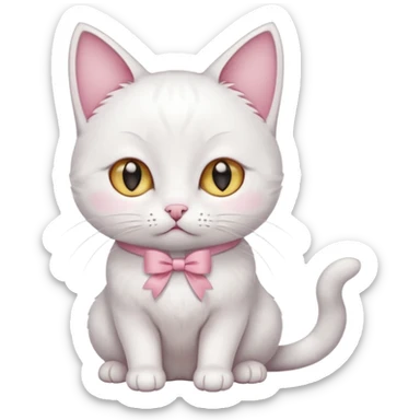 white cat sitting and she has a pink small bow on her right ear,she has golden eyes,she's fully white,even her ears,the only color is the pink small bow on her right ear,the cat is small sticker