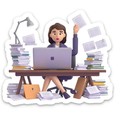tired woman at a desk with a MacBook, surrounded by messy papers, emphasizing disorganization sticker