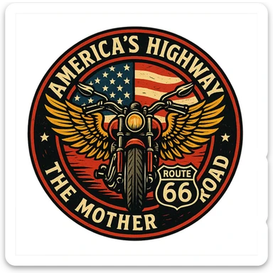 circular design for motorcycle cap, transparent background, text 'AMERICA'S HIGHWAY - ROUTE 66 - THE MOTHER ROAD', motif: motorcycle, wing, American flag, dynamic style sticker