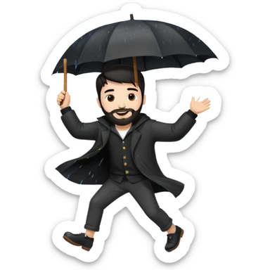 A dark-haired boy with a white beard dancing with an umbrella in the rain sticker