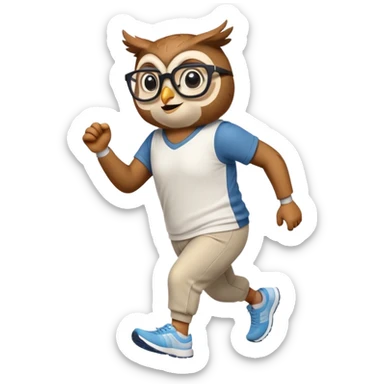 friendly anthropomorphised owl in pants and a shirt, wearing glasses, jogging upright, standard pose sticker