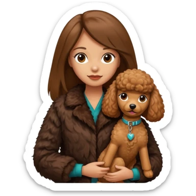 A girl who has long brown straight hair and wears a fur jacket holds a brown poodle sticker