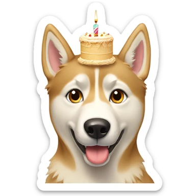 Golden beige husky with a hat and birthday cake sticker