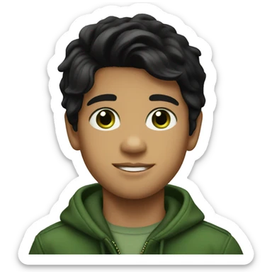 Boy, straight black hair, pretty, green eyes, wearing a pull Ralph Lauren  sticker