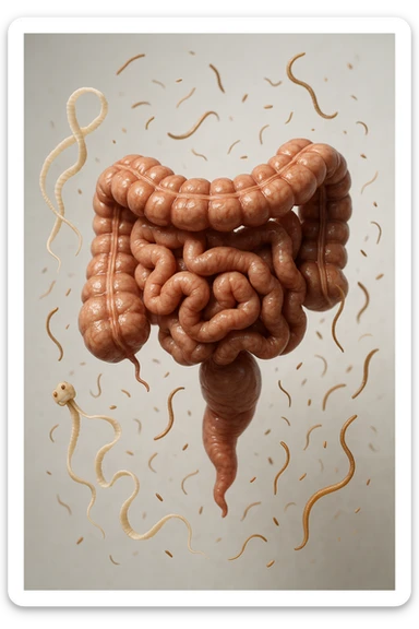 INTESTINO UMANO ANATOMICO REALISTICO FLUTTUA IN ARIA INSIEME A PARASSITI COME LA TENIA, SFONDO CHIARO, iperrealistico 4k sticker
