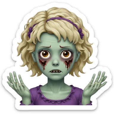 Cabelo ondulado  um pouco cheio e franja curta  Olhos marrons e pequenos e feita d ezumbi mais bonita com cabelo amarro na e com as mãos assim tipo assim🧟‍♀️ sticker