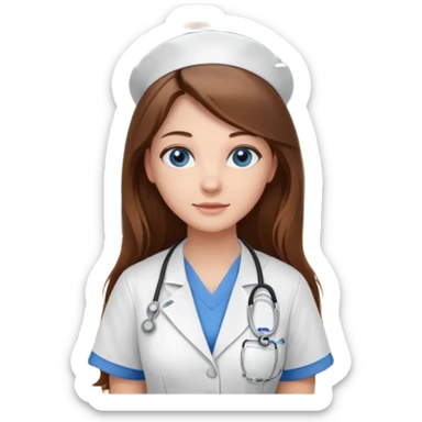 university classroom that says nursing school on the board with a pretty female nursing student with long brown hair, blue eyes sticker