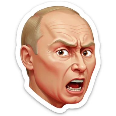 Vladimir Putin face in profile, looking sideways, screaming with intense anger, red face, furious expression sticker