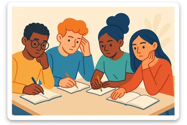 four diverse students working together, deep in thought, studious atmosphere, sitting at a table with notebooks, modern illustration style, soft colors, simple background sticker