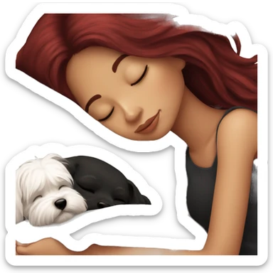 Dark red hair girl sleep with her maltese black dog sticker