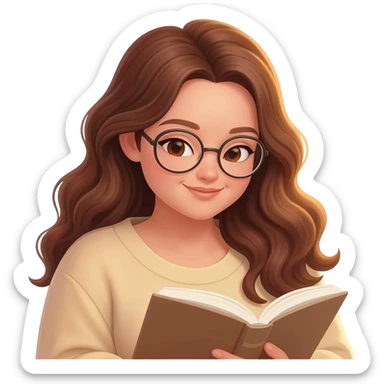 detailed emoji illustration of a curvy woman with long chestnut brown wavy hair, light brown eyes and round glasses, sitting comfortably and reading a book, warm sunlight, peaceful atmosphere, emoji style sticker