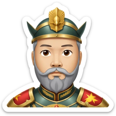 ​Cinematic Realistic Portrait of Trần Hưng Đạo, depicted as a revered Vietnamese general with his characteristic traditional Vietnamese beard and historic armor, his determined gaze illuminated by dramatic historical lighting that evokes his legendary martial spirit and leadership, sticker