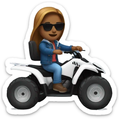 quad bike white with developer with blue jeans, bred jacket and sunglasses riding, with brown and long hair sticker