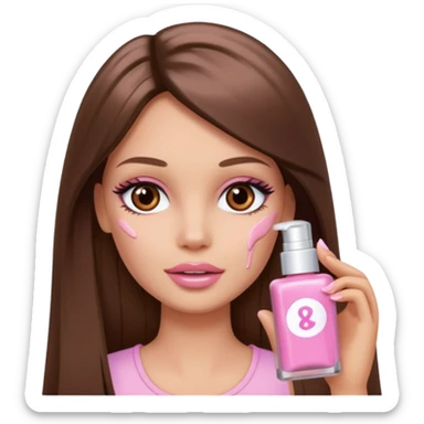 Barbie girl a brown long Straight hair and brown eyes is In pale pink smears by hand cosmetic cream on her face sticker
