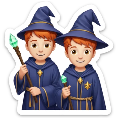 Two identical redheaded teenage boys with mischievous grins, freckles, and wizard robes sticker