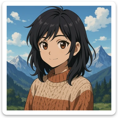 anime style Indian girl with black layered hair, brownish-black eyes, fair skin, wearing a cozy sweater, mountain scenery sticker