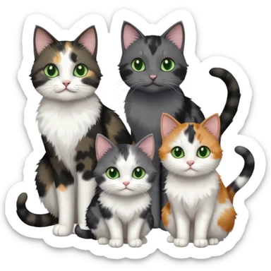 3 different coloured small cats including a dark grey and white, and a patchy calico and a completely solid dark grey with green eyes and only white paws sticker