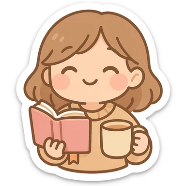 cozy book, pastel colors, smiling face, bookmark, chibi style, holding a cup of tea sticker