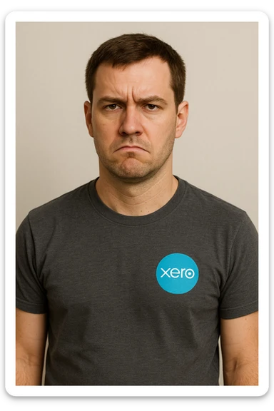 unamused man, short brown hair, Xero software shirt, plain background sticker