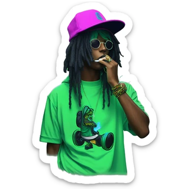 Multicoloured neon black and green graffiti person smoking wearing hoodie dancing hip hop bucket hat tropical Skater fashion aesthetic baggy clothes graphic t shirt 420 sticker