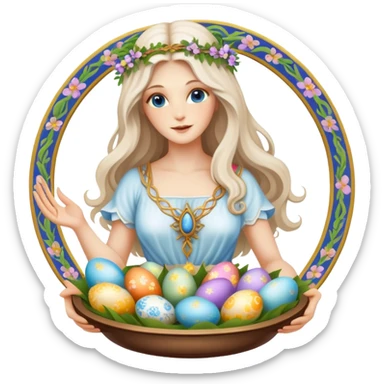 A beautiful goddess Eostre with flowing hair and spring flowers, holding Easter eggs and a Passover seder plate sticker