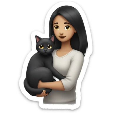 A girl with black hair hugs a gray cat sticker