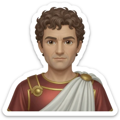 Mark Antony from Rome Mythology with dark brown eyes, dark brown curly hair, red metallic tunic, white metallic toga sticker