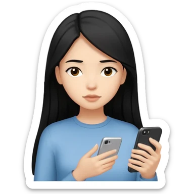A long, black haired girl with light skin and straight hair, looking at her phone, clean Minal aesthetic sticker