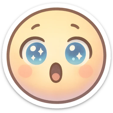 cute emoji, round face, big sparkling eyes, surprised expression, pastel colors sticker