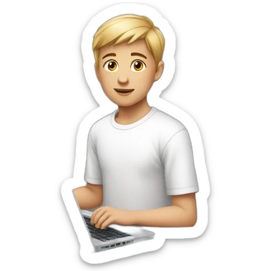 young boy, in a white T-shirt, with short hair, with a laptop sticker