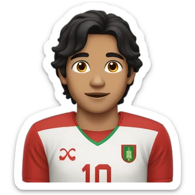 A boy with long black hair and Brown eyes and morocco jersey sticker