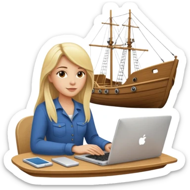 a blondie woman with long hair working with a computer laptop and a grains vessel (boat) around sticker