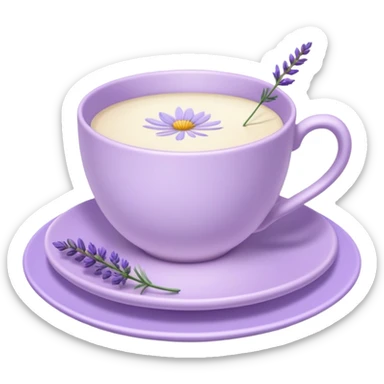White teacup on a pastel purple plate, lavender flowers on the side, pastelcore aesthetic, cottagecore sticker