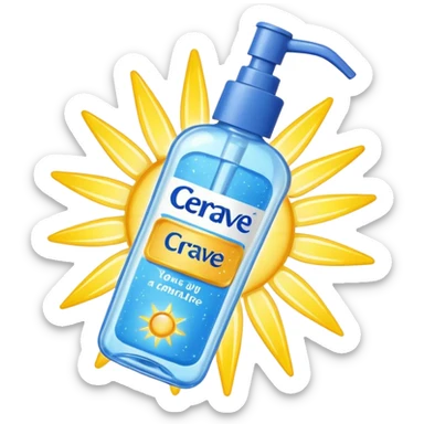 White CeraVe bottle with blue label and yellow “AM” badge, topped with a pump. Surrounded by protecting radiant sun sparkles, soft UV-deflecting light rings, and a blue protective glow. Feels like a daytime skin shield potion in a sleek, glossy bottle. sticker