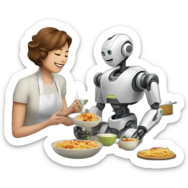 a robot play with a mom when he making food sticker