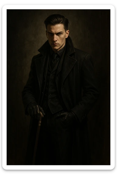 Kaz Brekker from Six of Crows, standing with a cane, black gloves, slicked-back hair, dressed in dark layered clothing, mysterious confident pose sticker