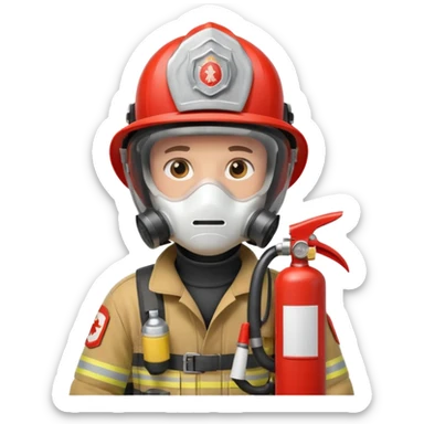 Firefighter with white respiratory protection white color helmet with fire extinguisher sticker