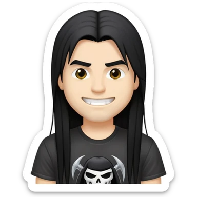 A heavy metal fan with long straight black hair, wearing a black heavy metal band t-shirt, with a smirky smile on face sticker