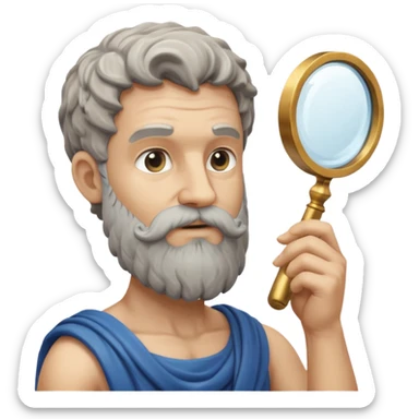 Dios griego con barba estilo estatua de color gris, de perfil mirando con una lupa de sticker