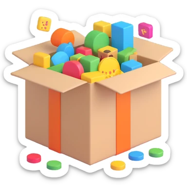 3D playful box with rounded edges, subtle Etch A Sketch references, stream of assorted stickers coming out, suggesting AI-powered creativity sticker