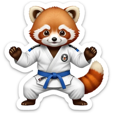 Red panda wearing a jiu jitsu gi with a white belt sticker