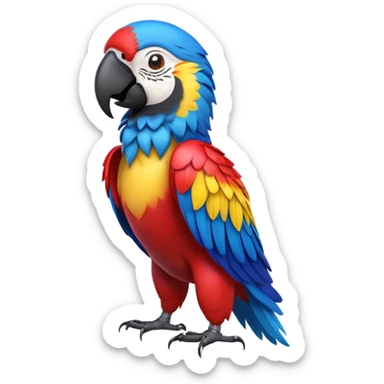 cinematic-macaw-realistic-full-body-standing-emoji,-vibrant-feathers-glowing-with-rich-reds,-blues,-and-yellows,-head-tilted-dramatically,-curved-black-beak-gleaming,-piercing-dark-eyes-exuding-confidence,-simplified-yet-realistic-focused sticker