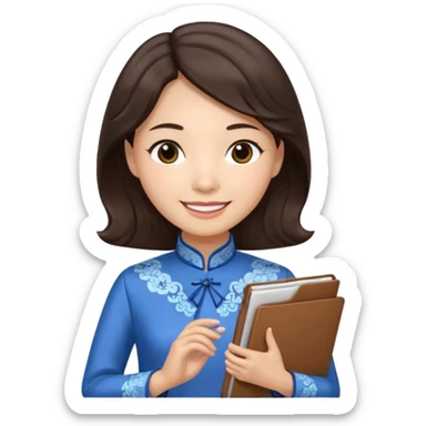 Teacher emoji but : wavy dark brown hair, light skin, no glasses, dark eyes, with a computer folder in the hand, being a teacher, wearing a chinese qipao (brown & blue) 

 sticker